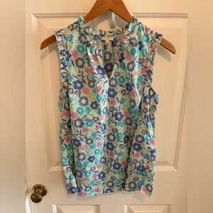 Talbots Sleeveless Floral V-Neck Top - Blue/Pink/Green, Small, Cotton